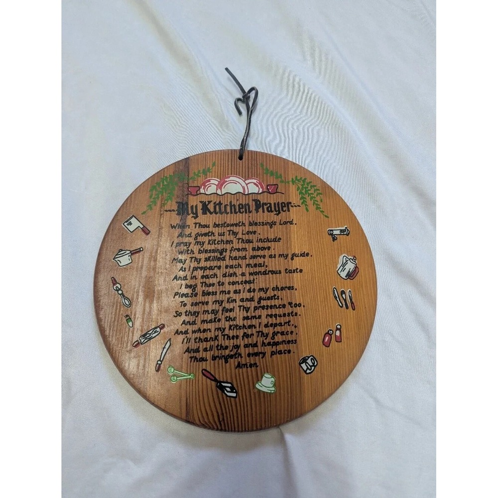 9" Vtg "My Kitchen Prayer" Wood Wall Hanging Sign Decor Cottagecore Granny Retro